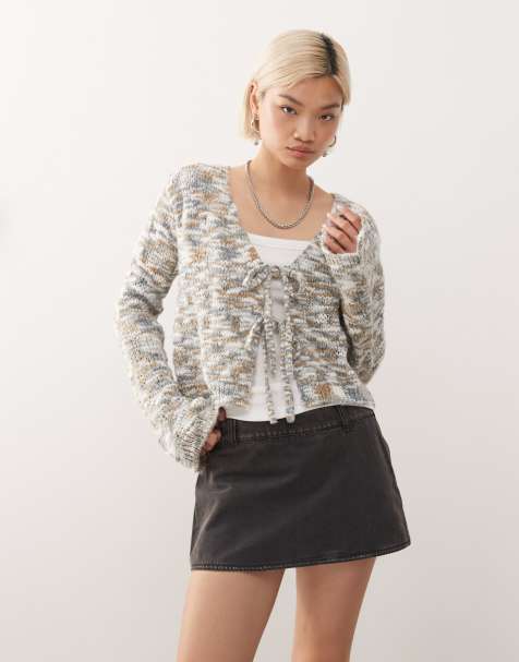 Noisy May tie front knitted cardi with bell sleeve in multi texture grey