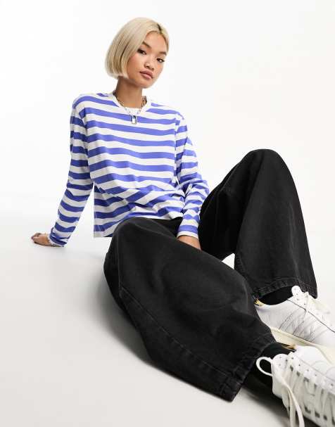 Noisy May - T-shirt à col échancré avec manches longues - Rayures bleues et blanches - view 1