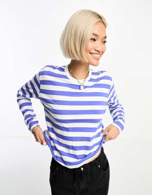 Noisy May - T-shirt à col échancré avec manches longues - Rayures bleues et blanches, 2 de 4
