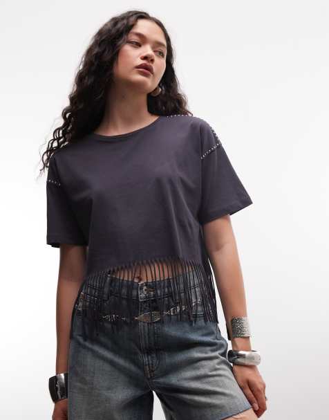 Noisy May - T-shirt antracite con frange e borchie - view 1