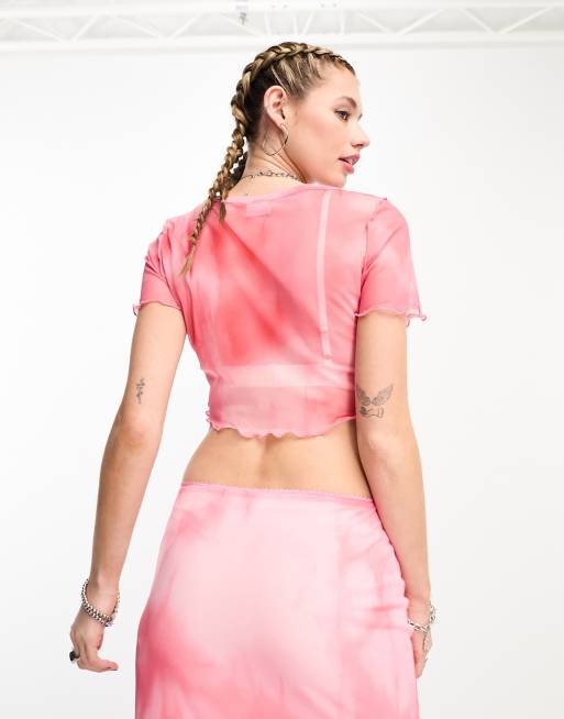 Noisy May - T-shirt corta in rete rosa marmorizzato in coordinato, 2 di 4