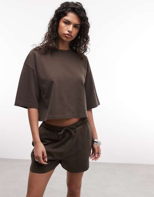 Noisy May - T-shirt corta squadrata marrone slavato in coordinato