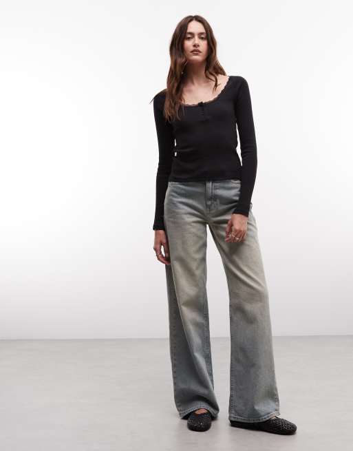 Noisy May t-shirt henley à manches longues avec bordure en dentelle noir, 2 de 4