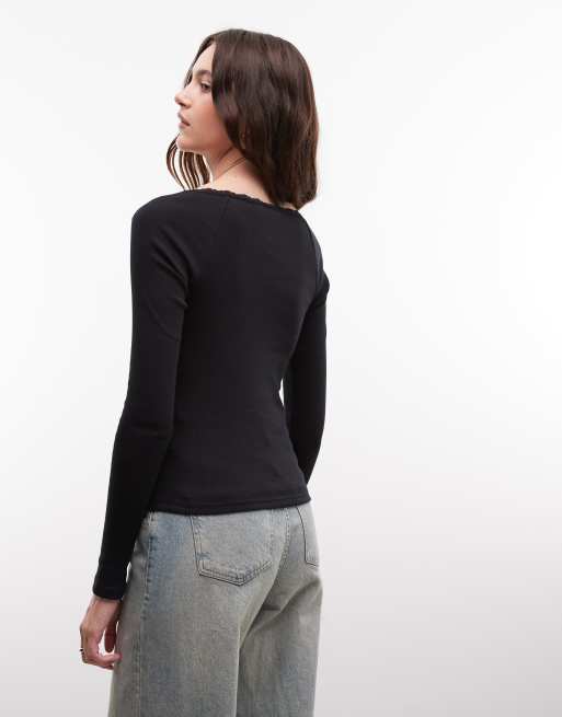 Noisy May t-shirt henley à manches longues avec bordure en dentelle noir, 4 de 4