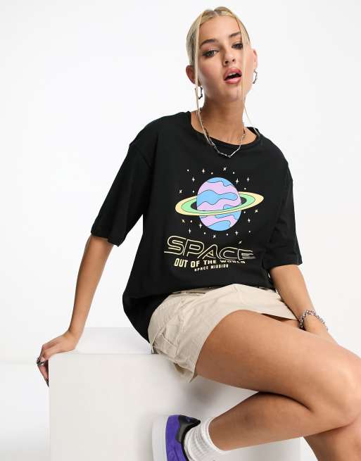 Noisy May – T-Shirt in Schwarz mit „Space“-Motivprint