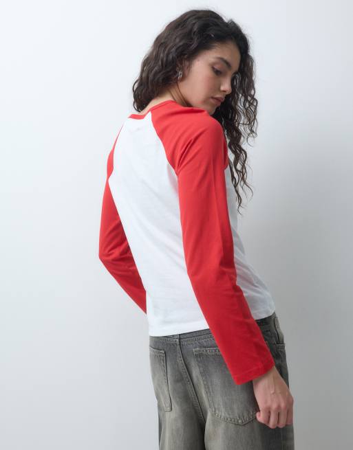 Noisy May t-shirt manches longues raglan contrasté rouge, 2 de 4
