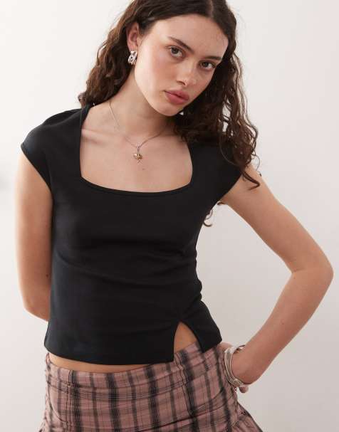 Noisy May - T-shirt nera con scollo quadrato e maniche ad aletta - view 1