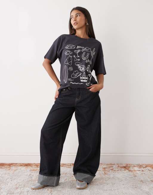 Noisy May - T-shirt oversize antracite con grafica estiva, 2 di 4