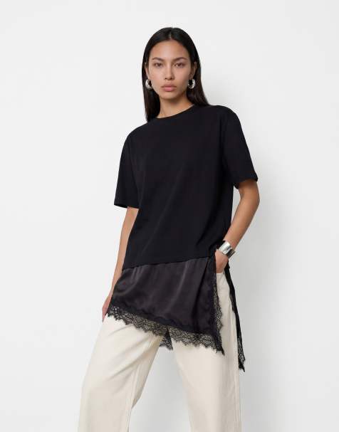 Noisy May - T-shirt oversize asymétrique avec détail satiné - Noir - view 1