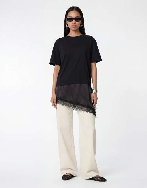 Noisy May - T-shirt oversize asymétrique avec détail satiné - Noir, 2 de 4