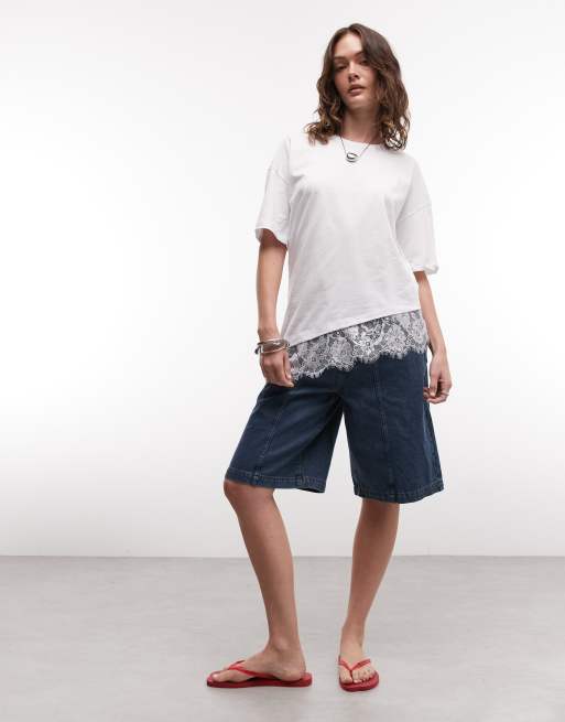 Noisy May - T-shirt oversize asymétrique avec ourlet en dentelle - Blanc, 2 de 4