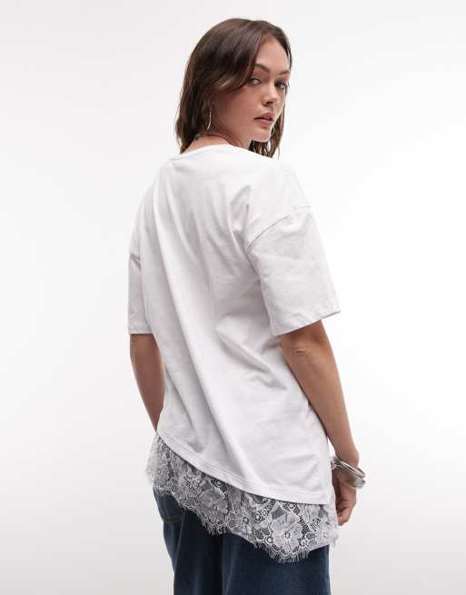 Noisy May - T-shirt oversize asymétrique avec ourlet en dentelle - Blanc, 3 de 4