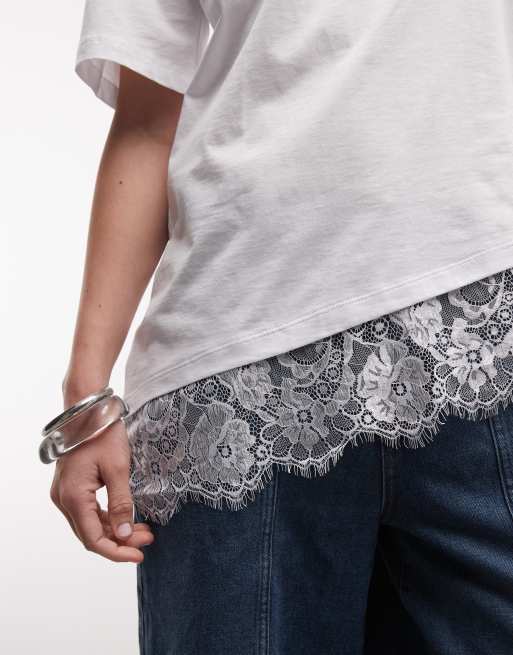 Noisy May - T-shirt oversize asymétrique avec ourlet en dentelle - Blanc, 4 de 4