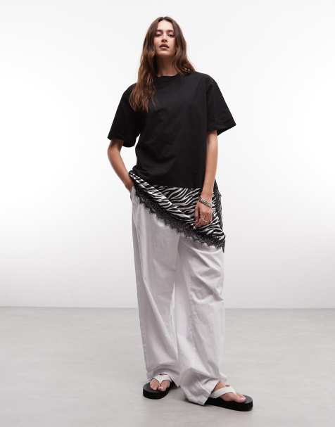 Noisy May - T-shirt oversize avec ourlet asymétrique en satin et dentelle effet zébré - Noir - view 1