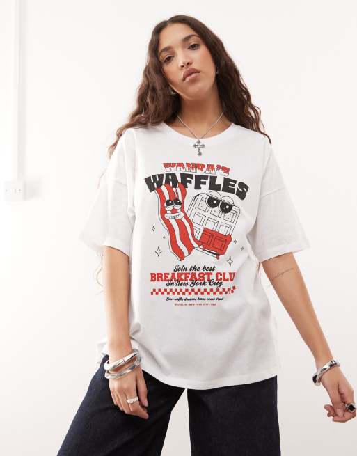 Noisy May - T-shirt oversize bianca con grafica "Waffles", 3 di 4