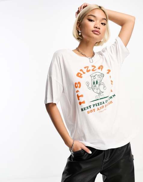 Noisy May - T-shirt oversize bianca con stampa di pizza - view 1