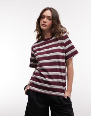 T-shirt oversize coupe carrée à rayures - Bordeaux et crème-Rouge L