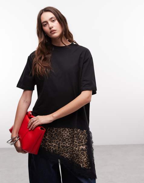 Noisy May - T-shirt oversize nera con fondo asimmetrico in pizzo di raso con stampa leopardata - view 1
