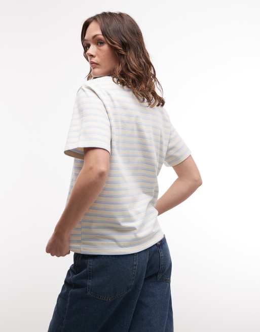 Noisy May - T-shirt squadrata oversize color panna e blu a righe, 2 di 4