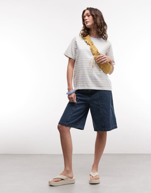 Noisy May - T-shirt squadrata oversize color panna e blu a righe, 3 di 4