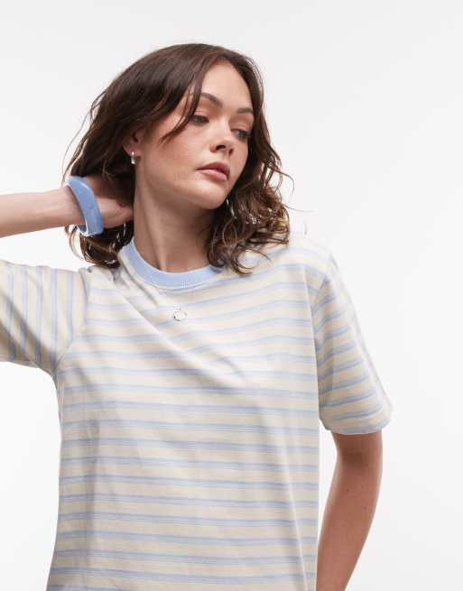 Noisy May - T-shirt squadrata oversize color panna e blu a righe, 4 di 4