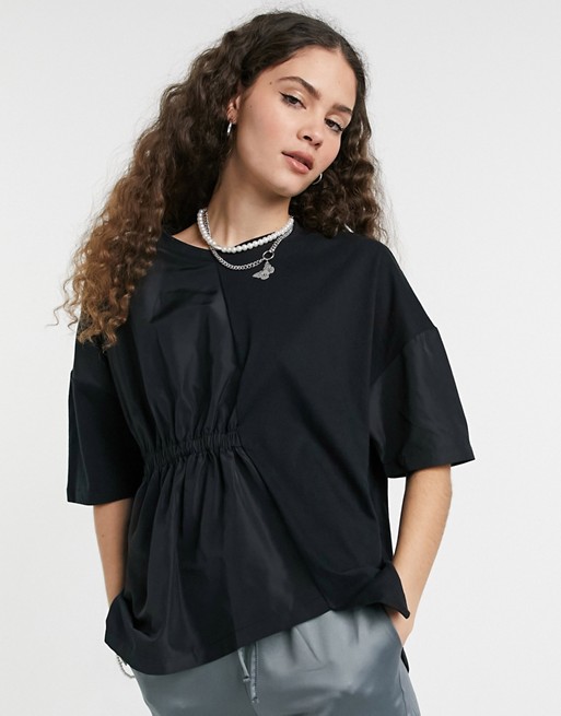Noisy May t-shirt with shirred nylon detail in black