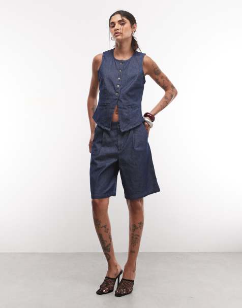 Noisy May tailored vest in dark blue denim - part of a set - view 1