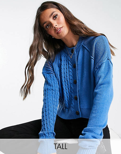 Noisy May Tall button up cardigan with cable knit detail in blue