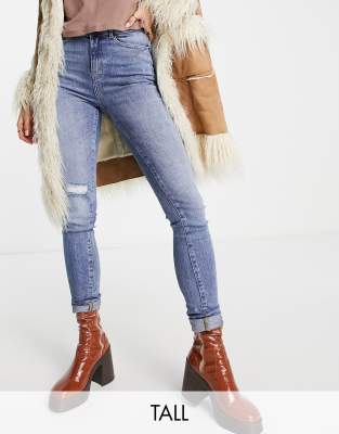 Noisy May Tall Callie high waisted ripped knee skinny jeans in light blue - ASOS Price Checker