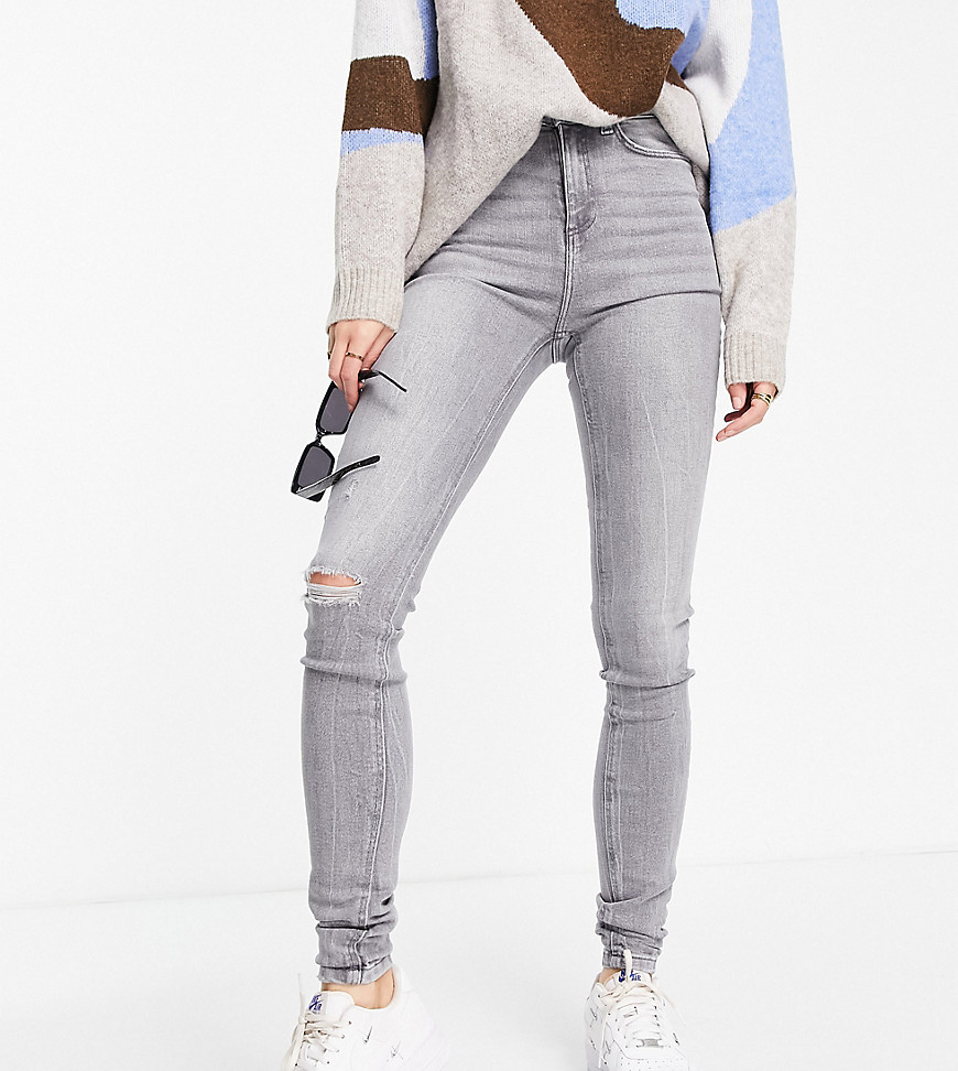 Noisy May Tall Callie high waisted ripped knee skinny jeans in light grey