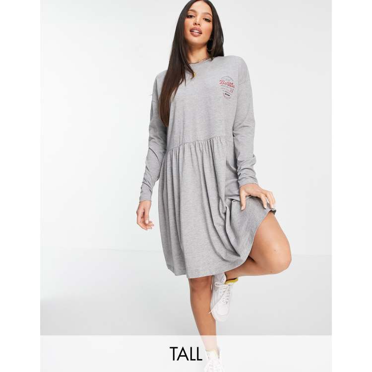 Noisy May Tall collegiate motif jersey smock dress in gray heather