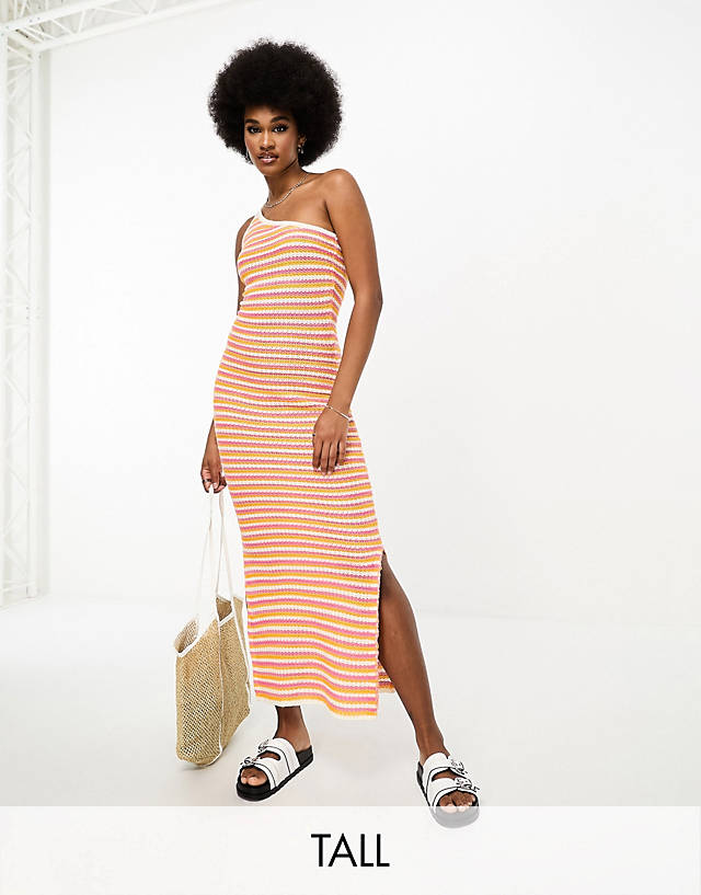 Noisy May Tall - crochet one shoulder maxi dress in pink & orange stripe