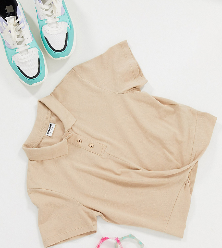Noisy May Tall cropped polo shirt with twist front in camel-Beige