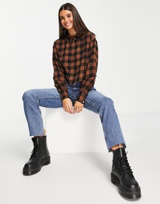 Noisy May Tall cropped shirt in brown check