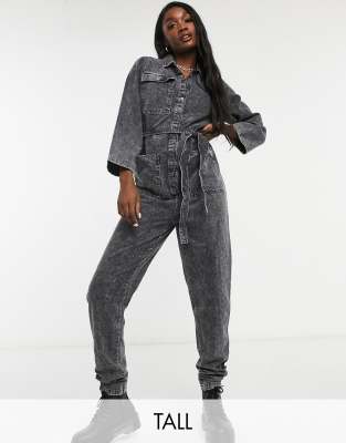 Noisy May Tall denim jumpsuit in black acid wash