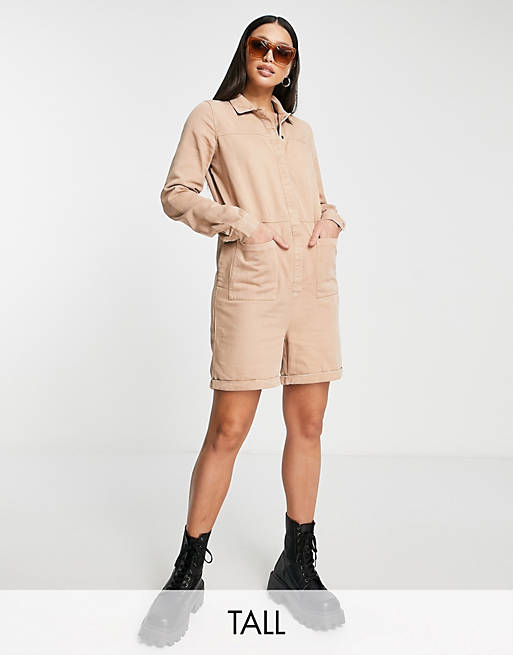 Noisy May Tall denim playsuit in beige
