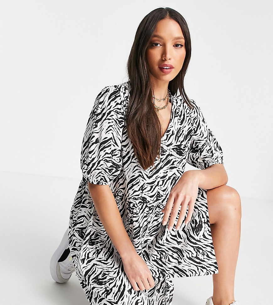 Noisy May Tall exclusive button through smock mini dress in animal print-Multi