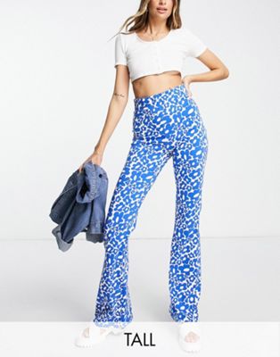 Noisy May Tall exclusive flared trousers in blue & white floral