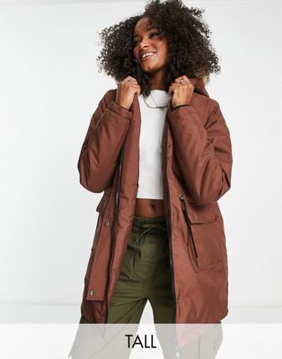 Noisy May Tall faux fur hooded parka coat in chocolate brown