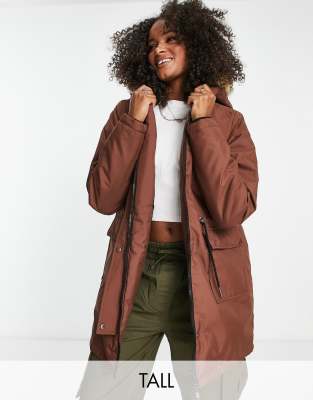 Noisy May Tall Faux Fur Hooded Parka Coat In Chocolate Brown