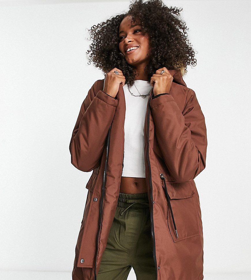 faux fur hooded parka coat in chocolate brown