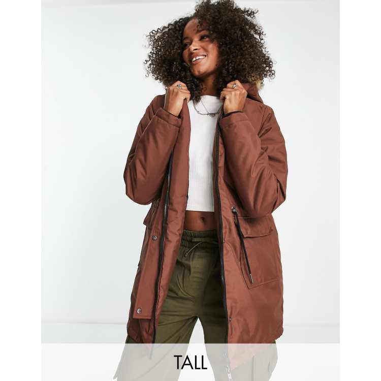 Noisy May Tall faux fur hooded parka coat in chocolate brown