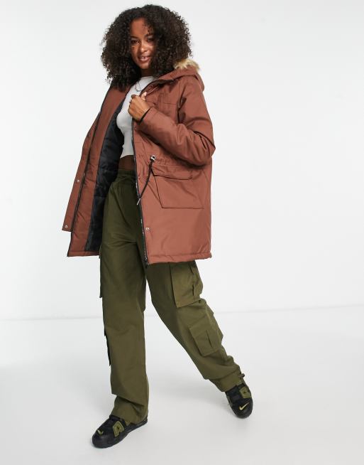 Noisy May Tall faux fur hooded parka coat in chocolate brown