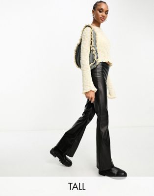 Noisy May Tall faux leather flare trousers in black