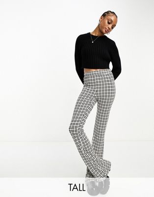 Noisy May Tall flared trousers in black houndstooth