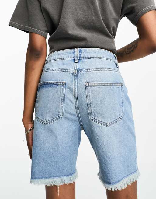Noisy May Tall frayed hem longline denim shorts in light blue denim, 3 of 4
