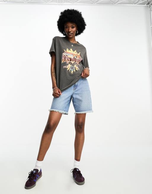 Noisy May Tall frayed hem longline denim shorts in light blue denim