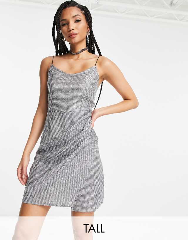 Noisy May Tall glitter ruched cami mini dress in silver