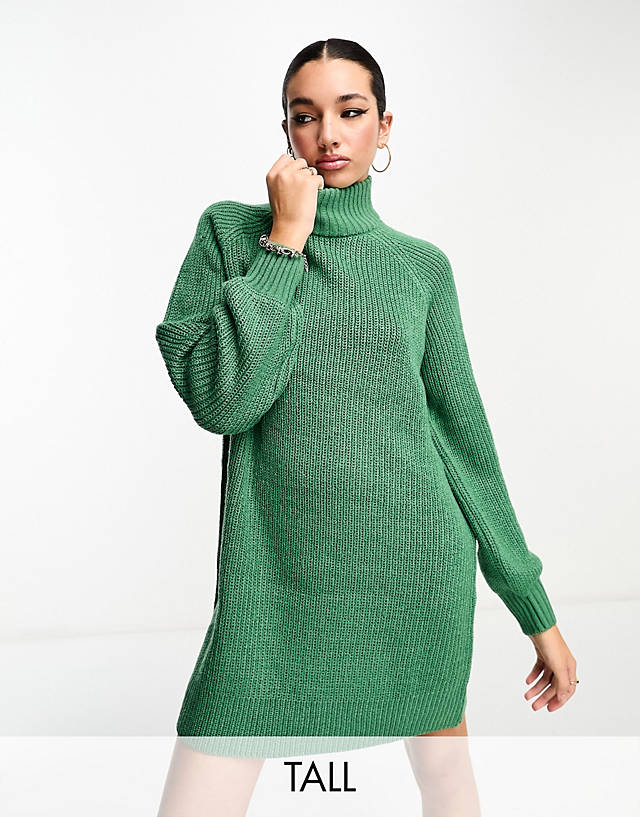 Noisy May Tall - high neck balloon sleeve mini jumper dress in green