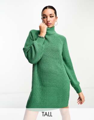 high neck balloon sleeve mini sweater dress in green